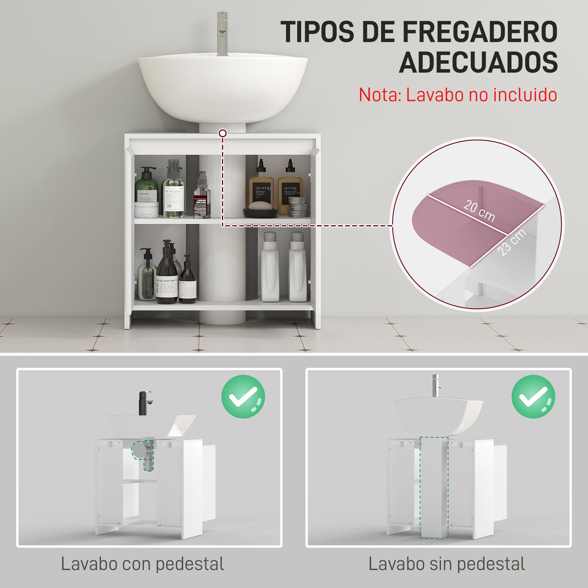 Under Sink Cabinet Modern Bathroom Vanity with Shelf Anti-Tip Foot 40 kg Load 60x30x60 cm White