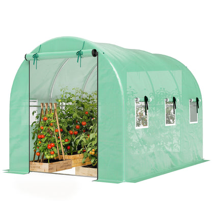 Tunnel Greenhouse 3 x 2 x 2 m with PE Cover, 2 Roll-Up Zip Doors & 6 Mesh Windows, Support Bars, Extended Hems, UV-Protected – Green
