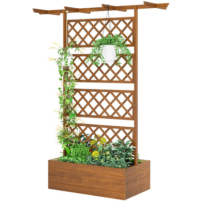 Pine Raised Planter with Trellis & Roof, Raised Garden Bed for Climbers, Balcony & Garden, 63 × 21.7 × 72 in (160 × 55 × 183 cm) - Orange