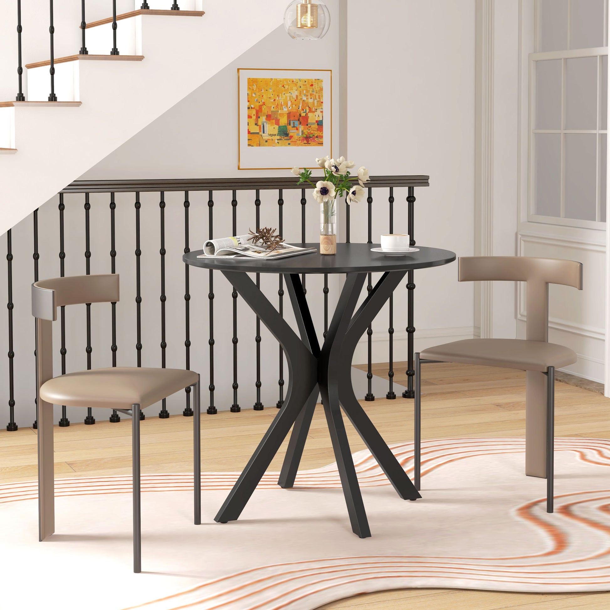 Dining Table 78 x 78 cm Round Kitchen Table for 2 Persons Dining Table with Spider Steel Frame Coffee Table for Kitchen, Dining Room and Living Room Black