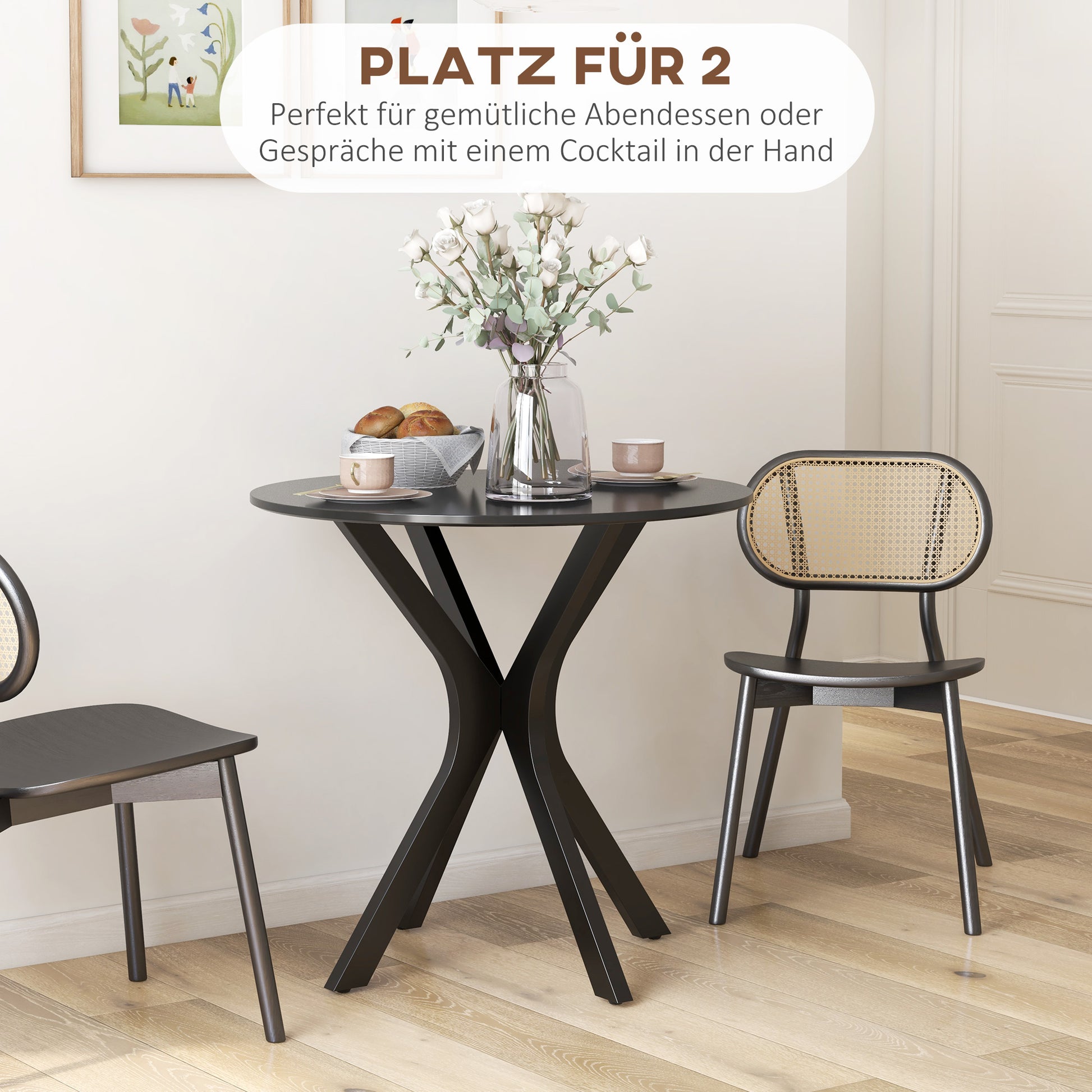 Dining Table 78 x 78 cm Round Kitchen Table for 2 Persons Dining Table with Spider Steel Frame Coffee Table for Kitchen, Dining Room and Living Room Black
