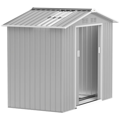 Garden Shed 2.42m² with Reinforcement Base No Floor 213x130x185 cm Outdoor Garden Shed with Sliding Doors Skylight 4 Windows for Tool Storage Gray Silver
