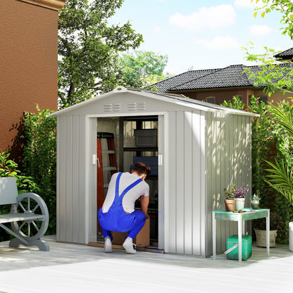 Garden Shed 2.42m² with Reinforcement Base No Floor 213x130x185 cm Outdoor Garden Shed with Sliding Doors Skylight 4 Windows for Tool Storage Gray Silver