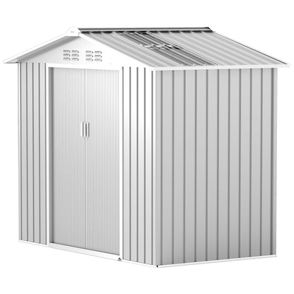 Garden Shed 2.42m² with Reinforcement Base No Floor 213x130x185 cm Outdoor Garden Shed with Sliding Doors Skylight 4 Windows for Tool Storage Gray Silver