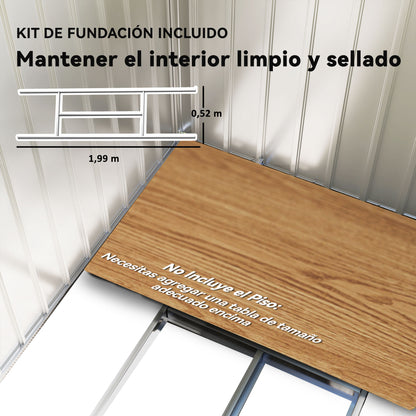 Garden Shed 2.42m² with Reinforcement Base No Floor 213x130x185 cm Outdoor Garden Shed with Sliding Doors Skylight 4 Windows for Tool Storage Gray Silver