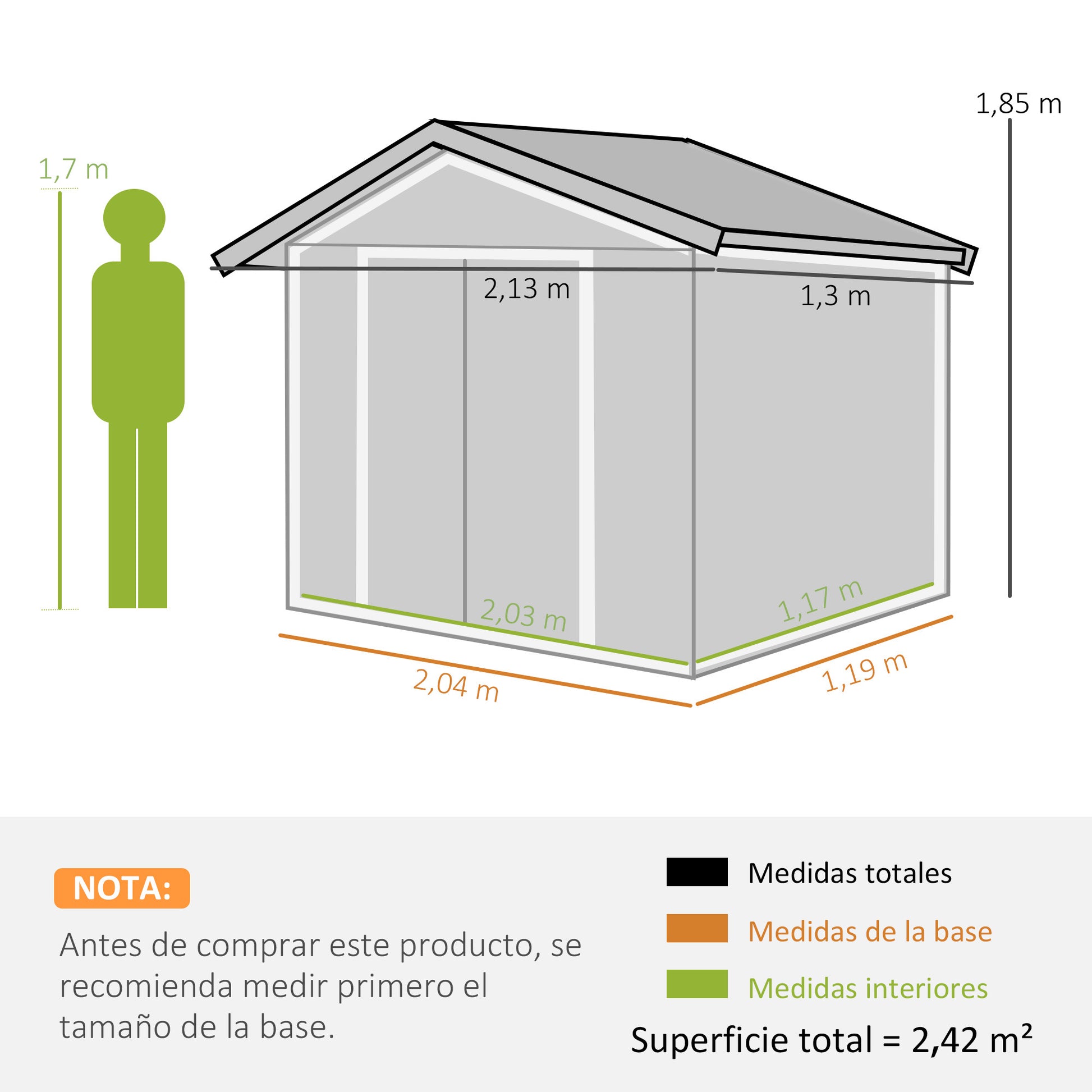 Garden Shed 2.42m² with Reinforcement Base No Floor 213x130x185 cm Outdoor Garden Shed with Sliding Doors Skylight 4 Windows for Tool Storage Gray Silver