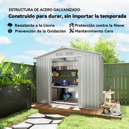 Garden Shed 2.42m² with Reinforcement Base No Floor 213x130x185 cm Outdoor Garden Shed with Sliding Doors Skylight 4 Windows for Tool Storage Gray Silver