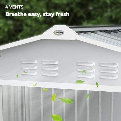 Garden Shed 2.42m² with Reinforcement Base No Floor 213x130x185 cm Outdoor Garden Shed with Sliding Doors Skylight 4 Windows for Tool Storage Gray Silver