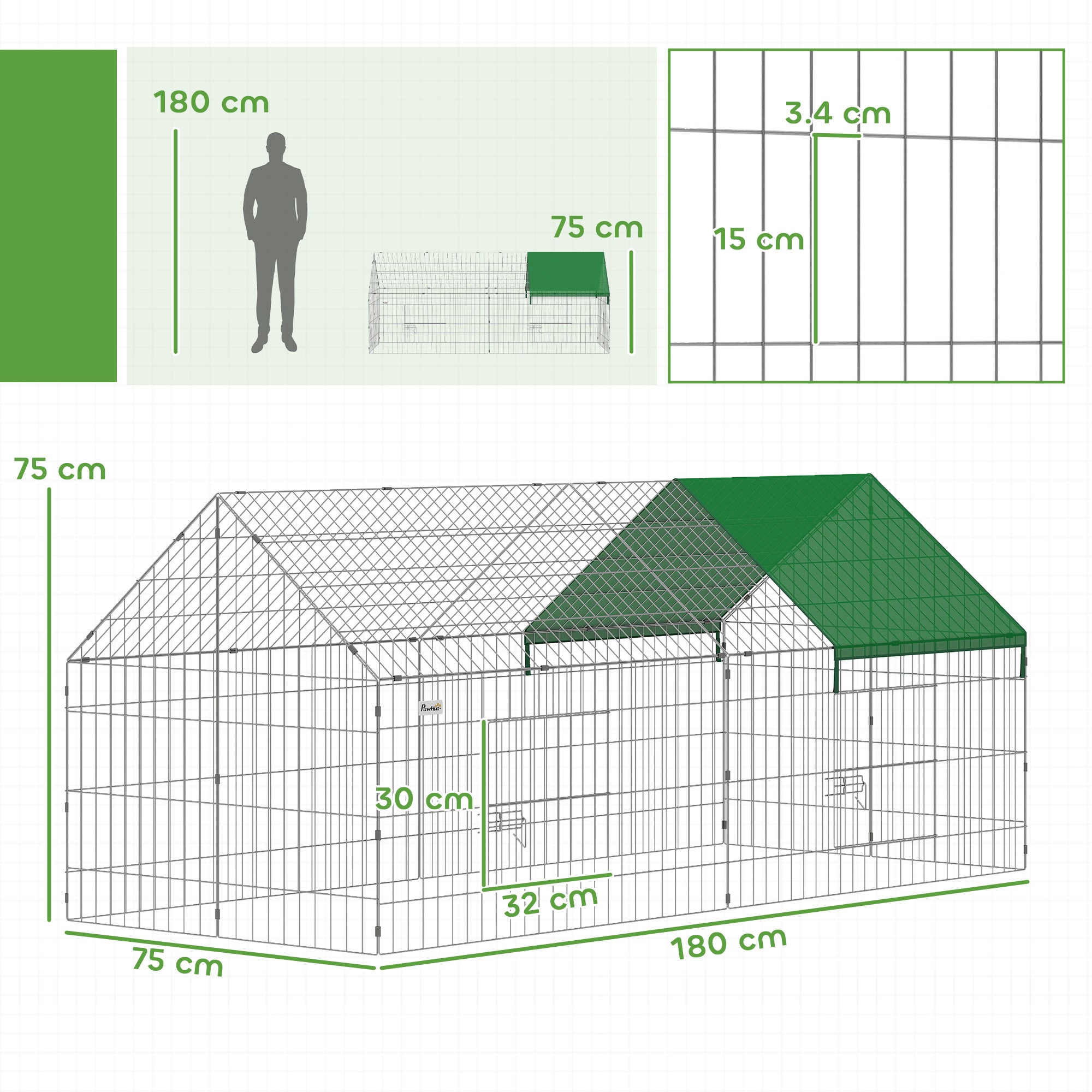 Outdoor/Indoor Rabbit & Chicken Run with Shade Cover and Metal Mesh, 71 x 29.5 x 29.5 in (180 x 75 x 75 cm), Green