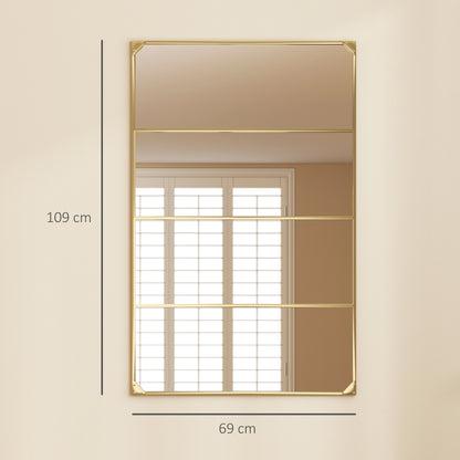 Industrial Windowpane Wall Mirror, Gold Metal Frame, Rectangular, Horizontal or Vertical – 42.9" x 27.2" (109 x 69 cm)