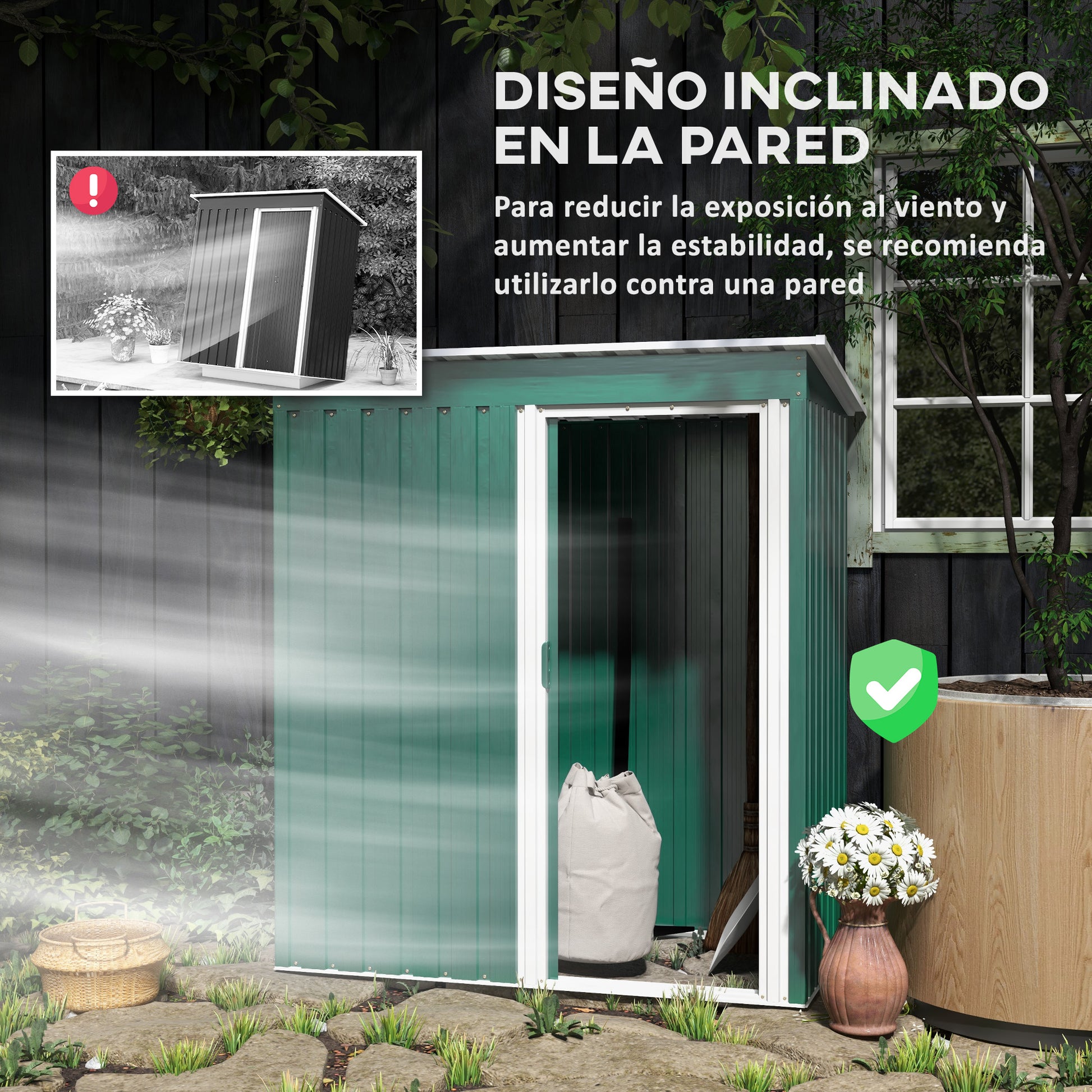 Garden Shed 1.16m² 163x89x182 cm Outdoor Metal Garden Shed with Sliding Door and Sloped Roof Outdoor Cabinet for Garden Terrace Patio Green