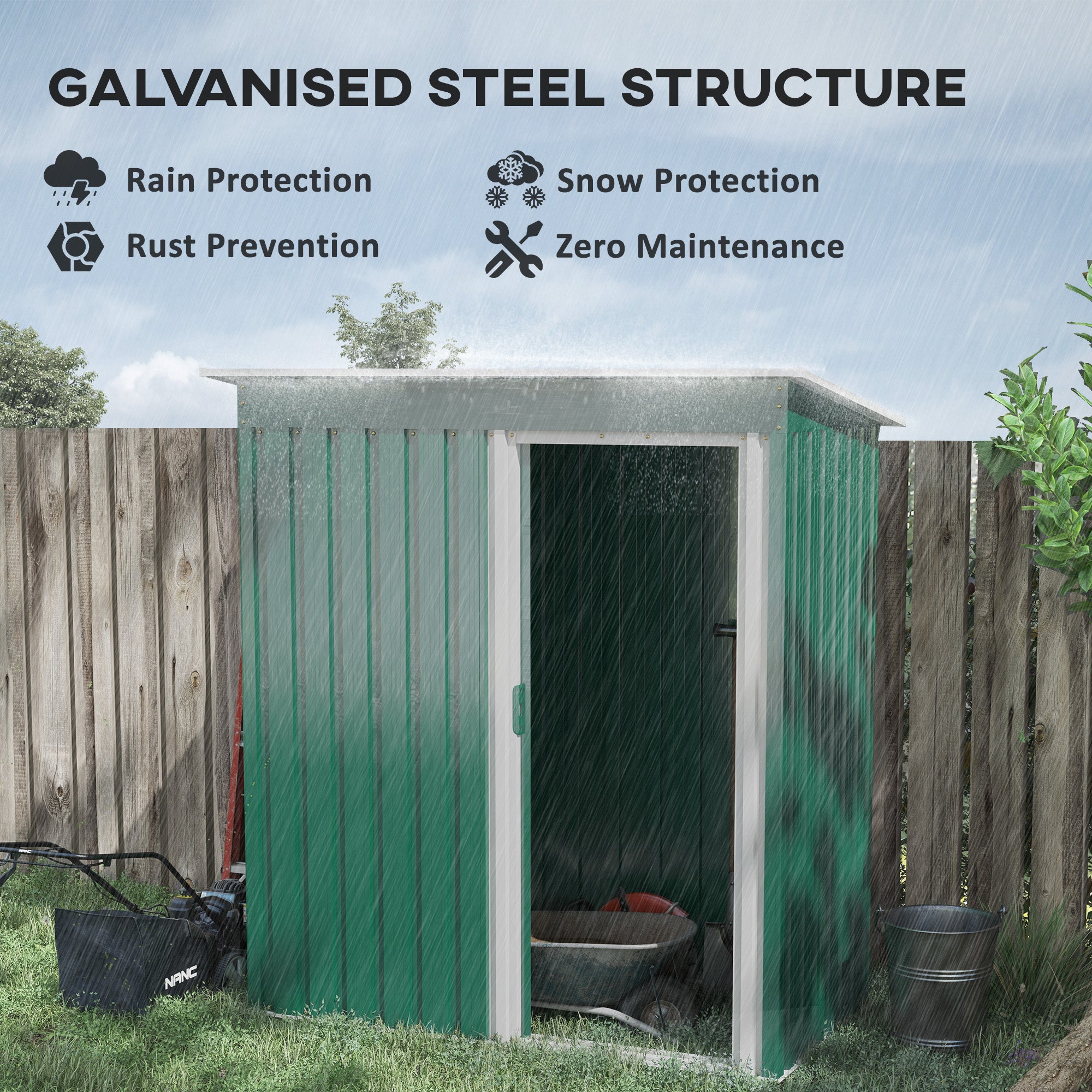 Garden Shed 1.16m² 163x89x182 cm Outdoor Metal Garden Shed with Sliding Door and Sloped Roof Outdoor Cabinet for Garden Terrace Patio Green