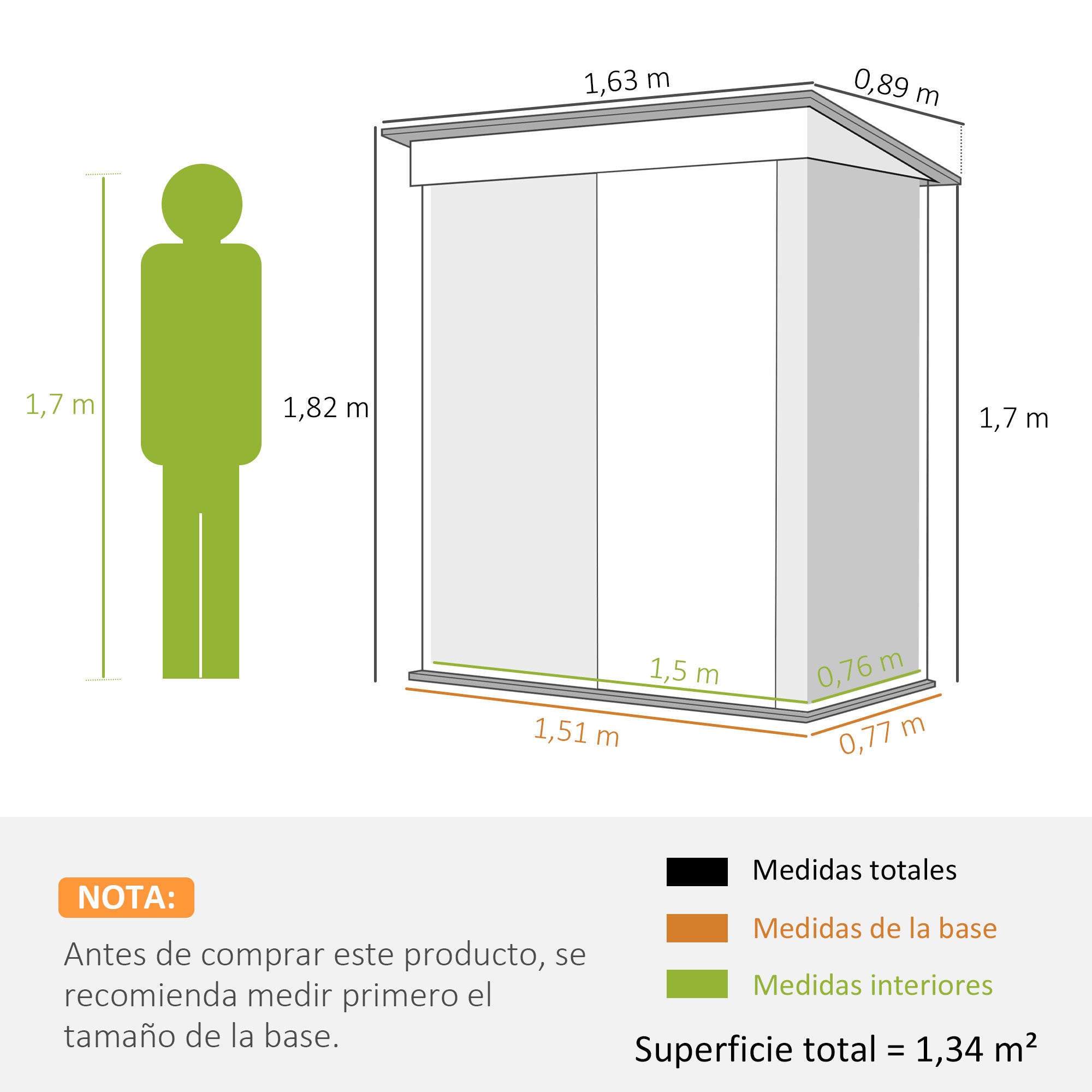 Garden Shed 1.16m² 163x89x182 cm Outdoor Metal Garden Shed with Sliding Door and Sloped Roof Outdoor Cabinet for Garden Terrace Patio Green