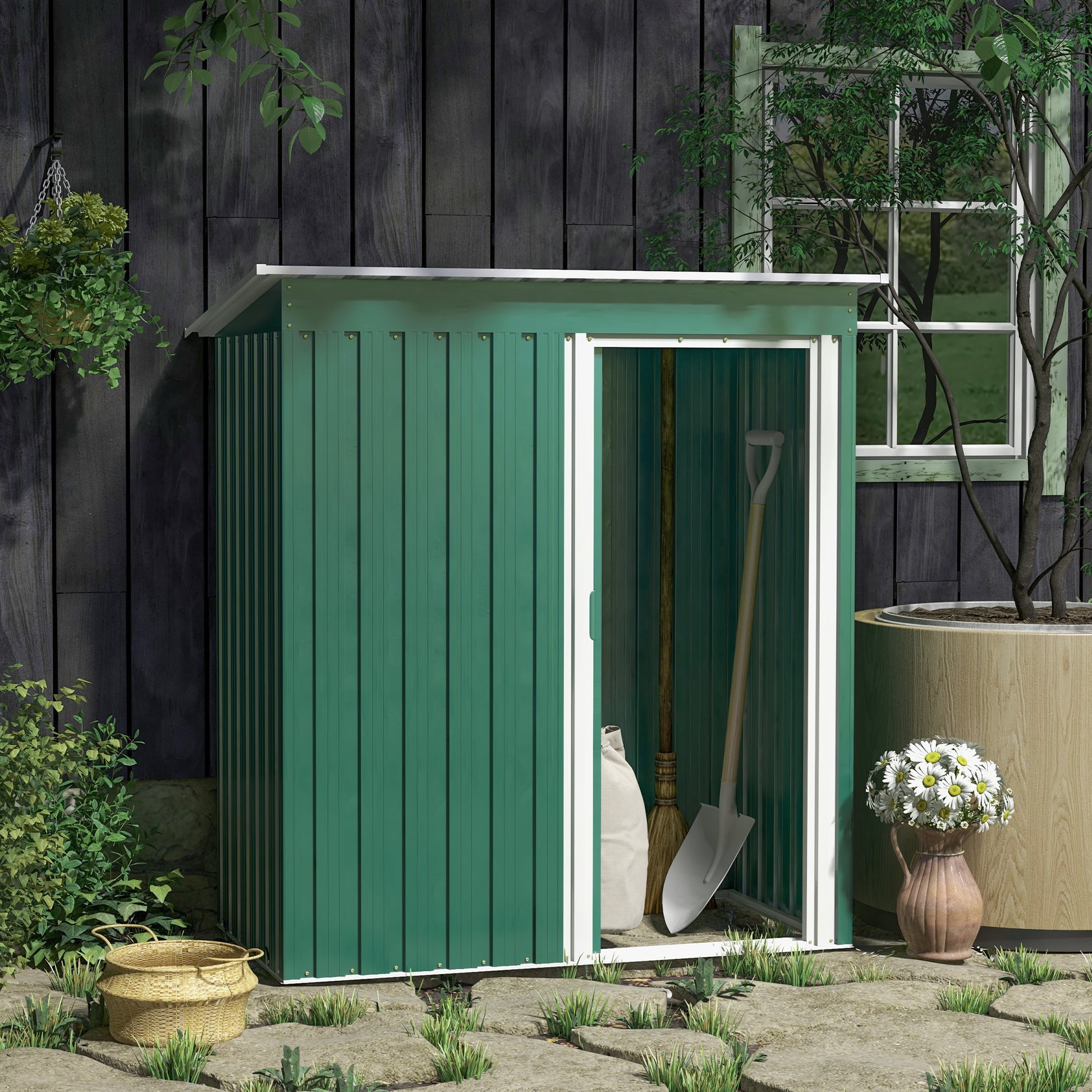 Garden Shed 1.16m² 163x89x182 cm Outdoor Metal Garden Shed with Sliding Door and Sloped Roof Outdoor Cabinet for Garden Terrace Patio Green