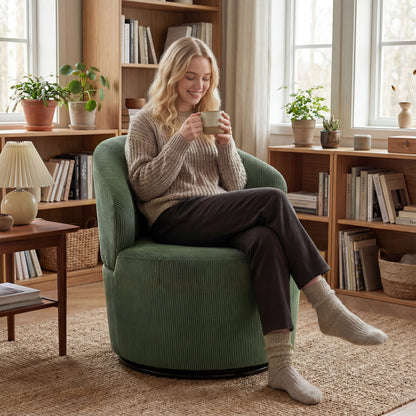 Swivel Lounge Chair with Wide Seat — Modern Upholstered Armchair with Curved Back and Thick Padding, Corduroy Look, Green