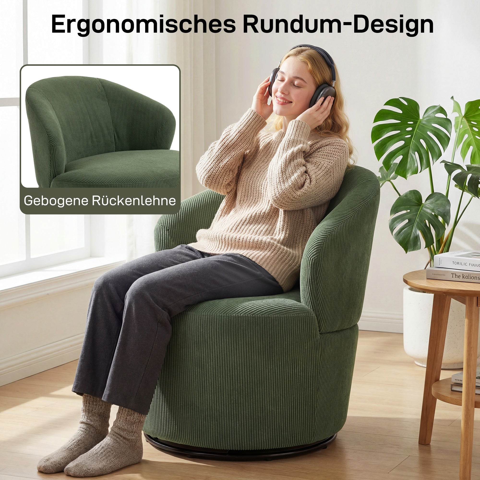 Swivel Lounge Chair with Wide Seat — Modern Upholstered Armchair with Curved Back and Thick Padding, Corduroy Look, Green