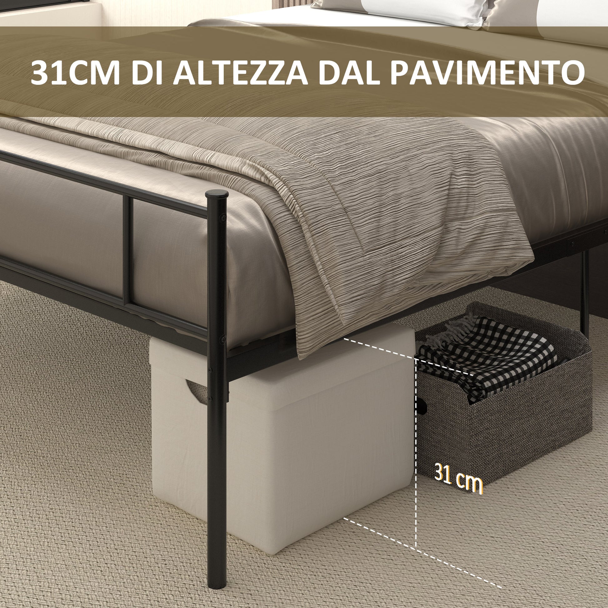 Steel Double Bed Frame 145x211x106cm, Integrated Slats and Headboard, Underbed Storage, Black