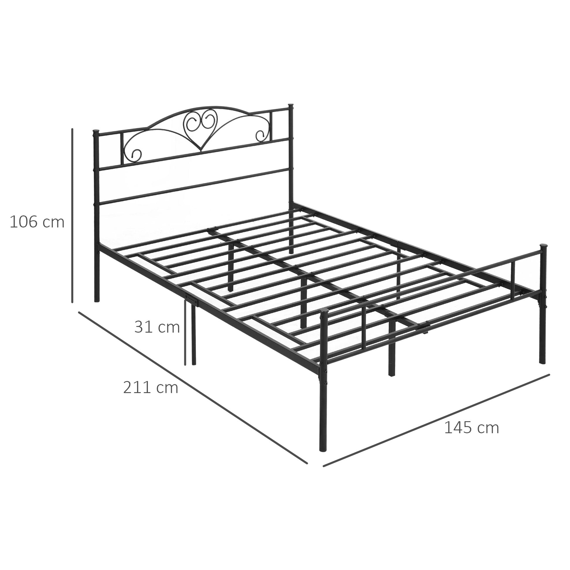 Steel Double Bed Frame 145x211x106cm, Integrated Slats and Headboard, Underbed Storage, Black