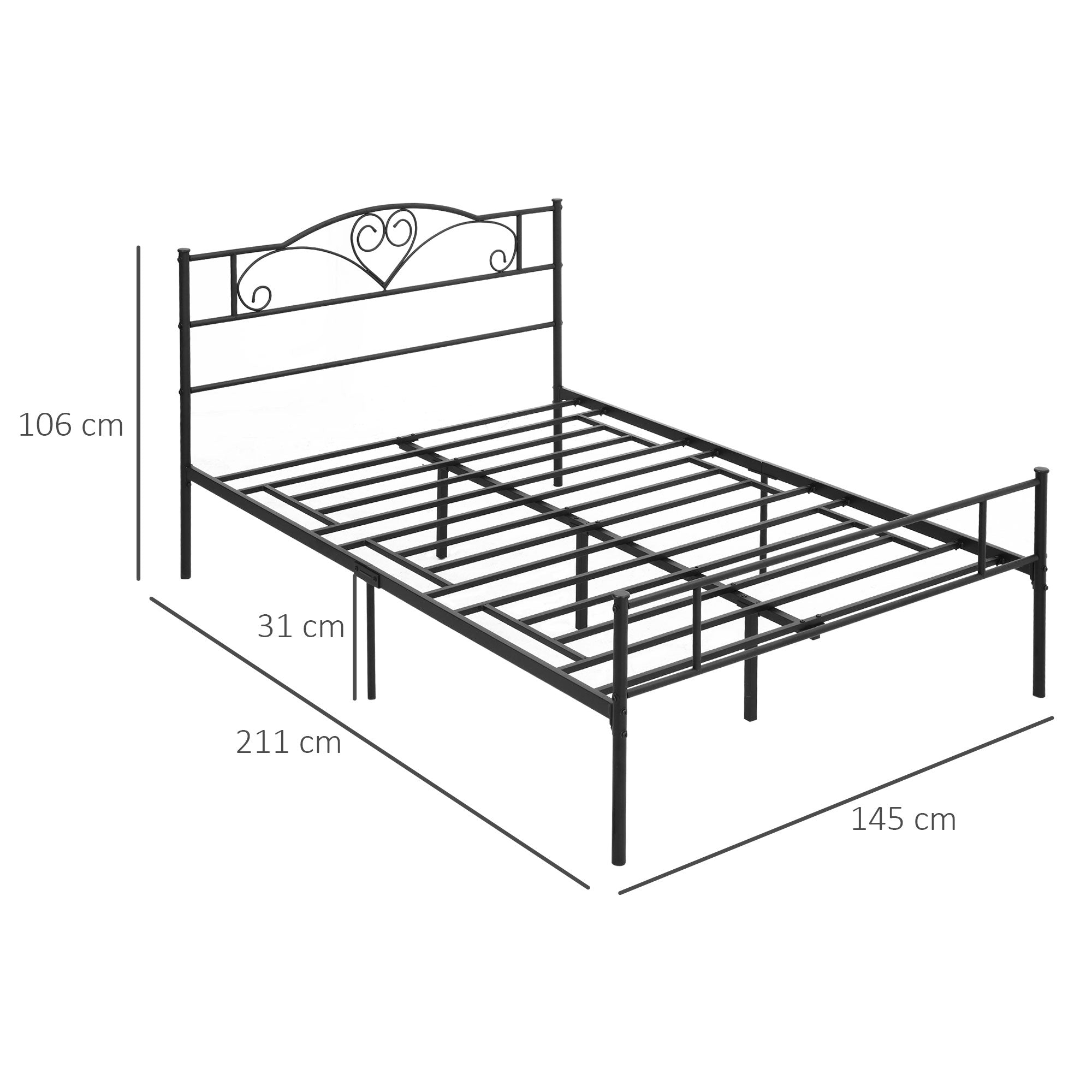 Steel Double Bed Frame 145x211x106cm, Integrated Slats and Headboard, Underbed Storage, Black