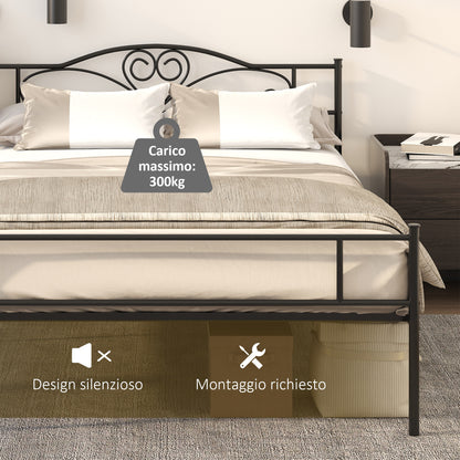 Steel Double Bed Frame 145x211x106cm, Integrated Slats and Headboard, Underbed Storage, Black