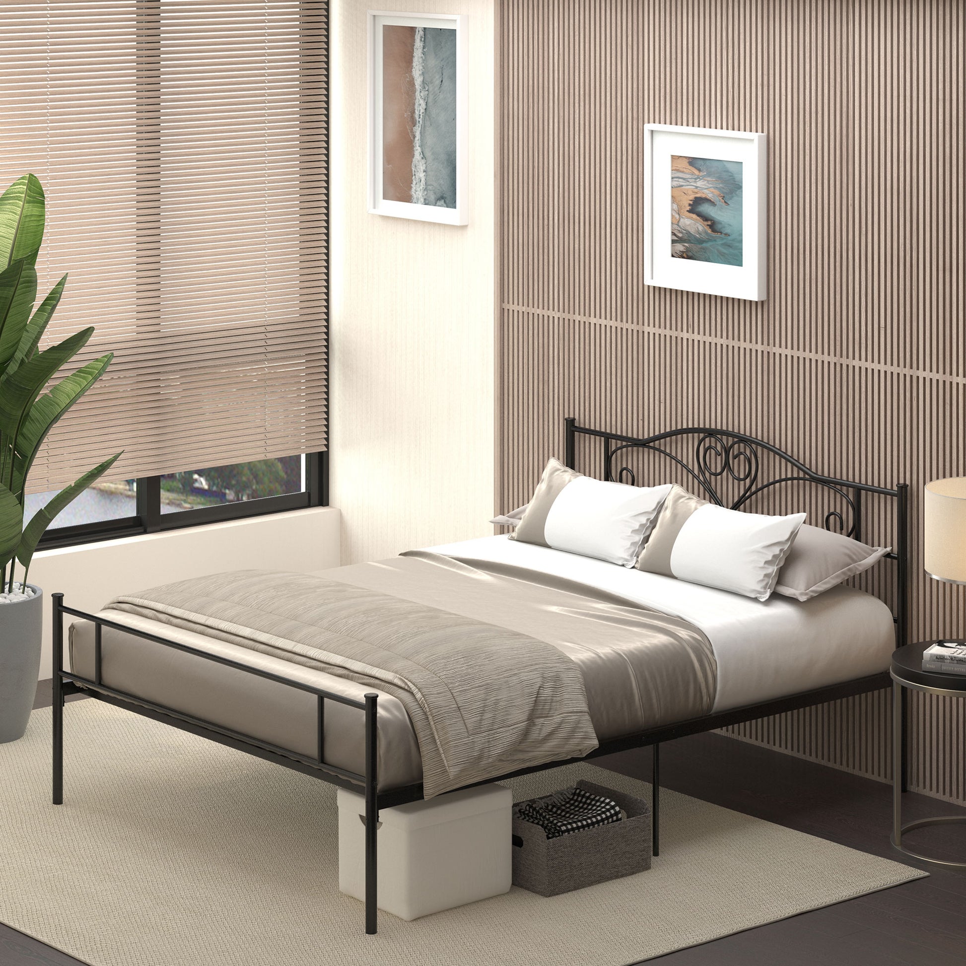 Steel Double Bed Frame 145x211x106cm, Integrated Slats and Headboard, Underbed Storage, Black