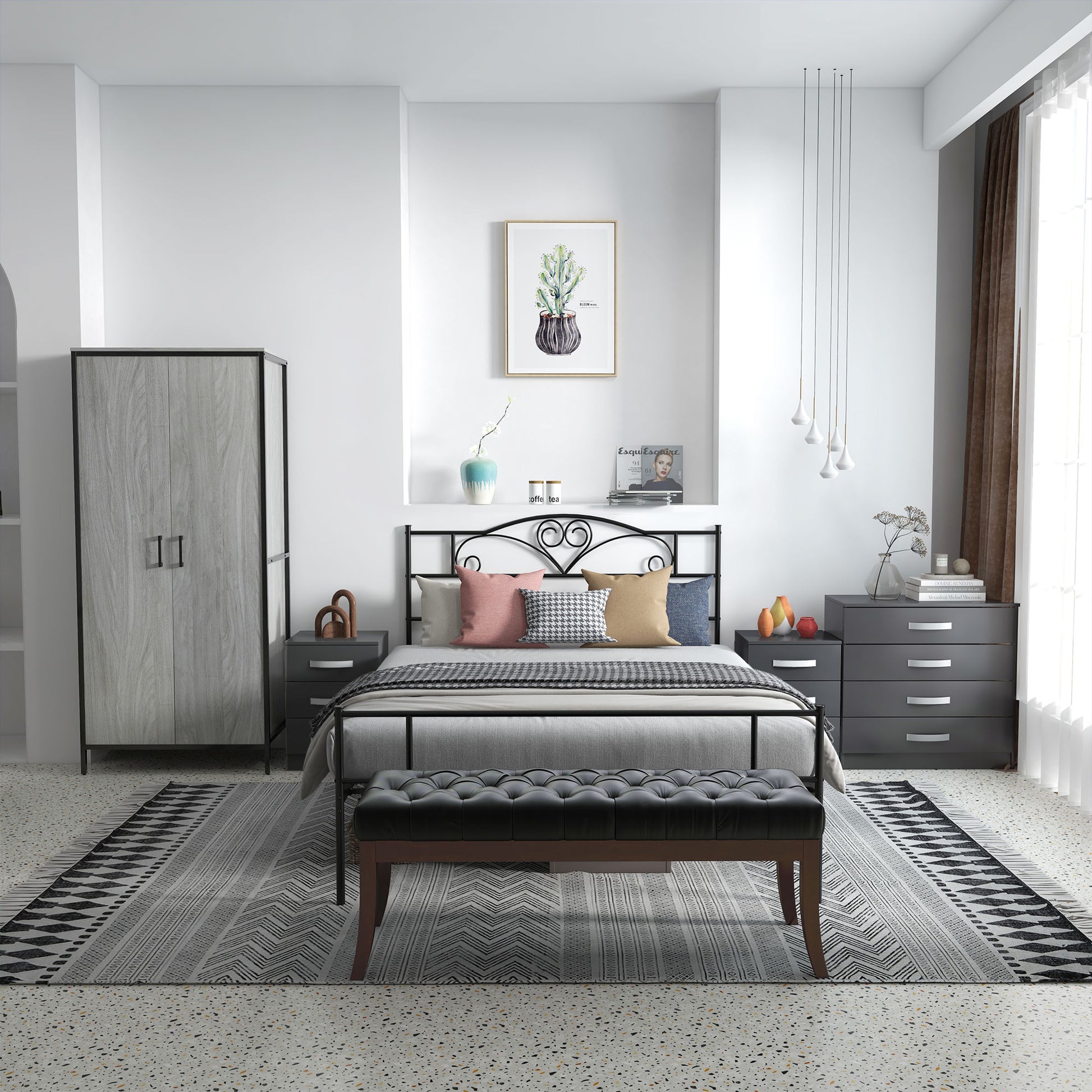 Steel Double Bed Frame 145x211x106cm, Integrated Slats and Headboard, Underbed Storage, Black