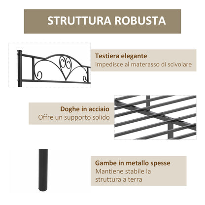 Steel Double Bed Frame 145x211x106cm, Integrated Slats and Headboard, Underbed Storage, Black