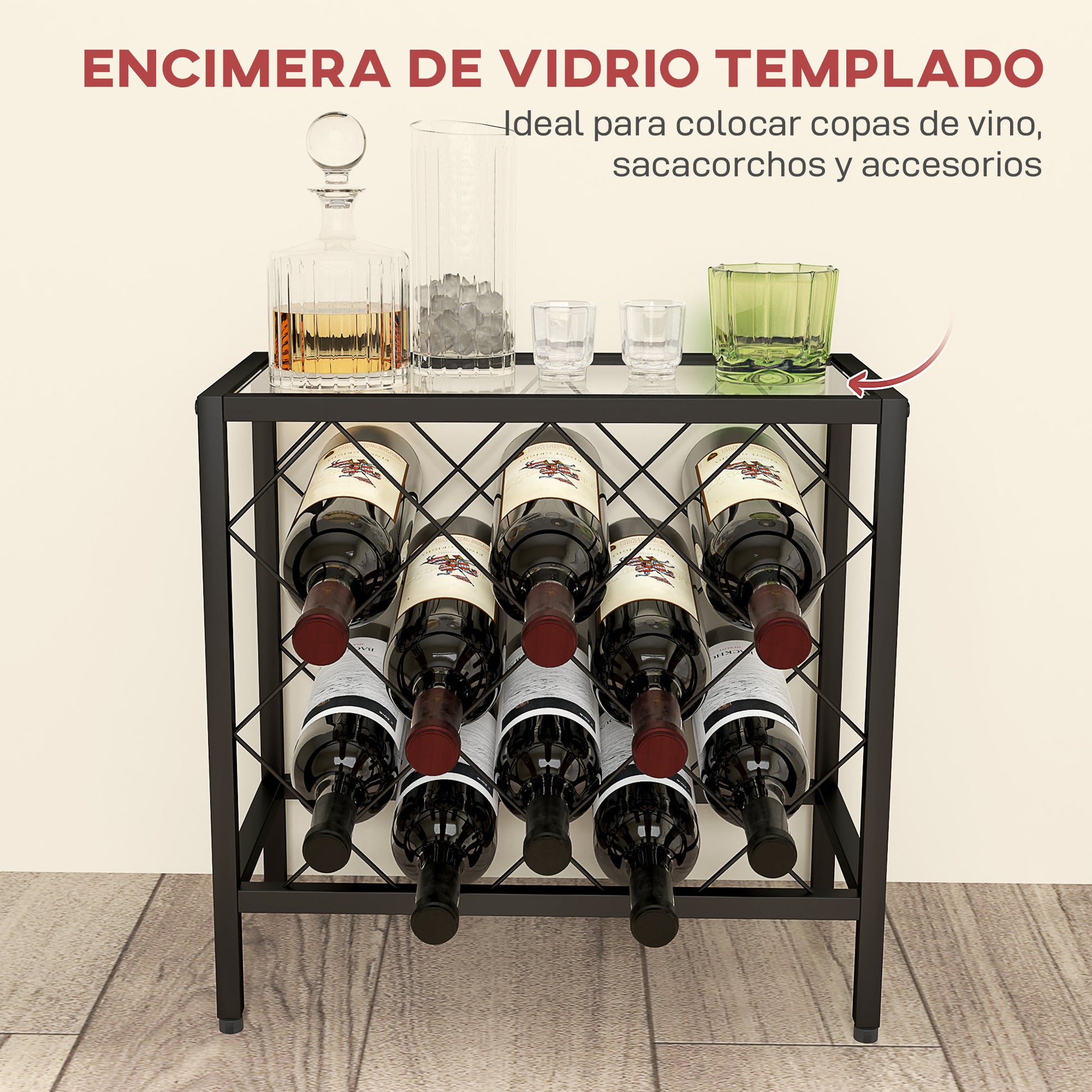 Wine Rack for 10 Bottles Wine Rack with Tempered Glass Top and Steel Frame for Living Room Dining Room 41x22x41 cm Black