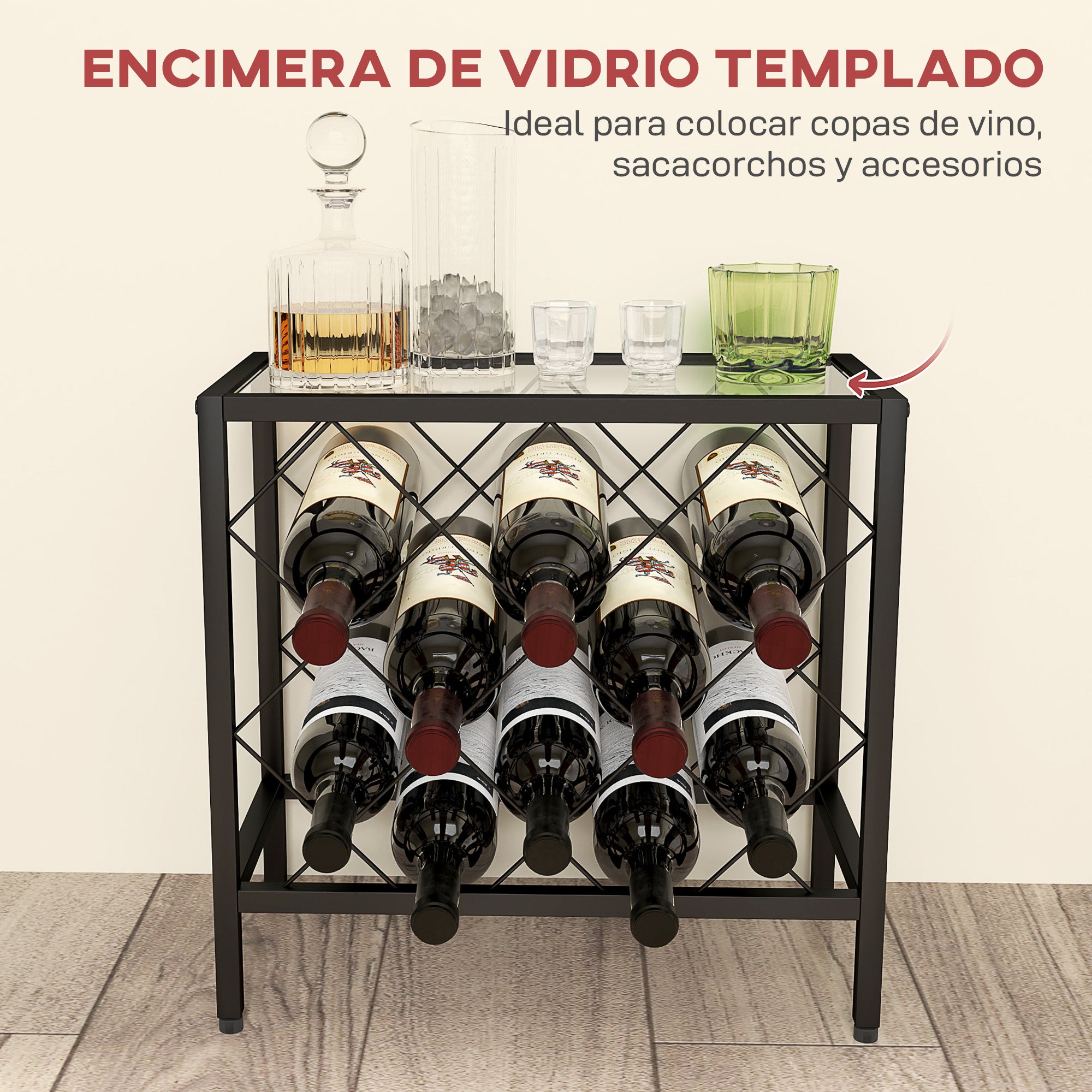 Wine Rack for 10 Bottles Wine Rack with Tempered Glass Top and Steel Frame for Living Room Dining Room 41x22x41 cm Black