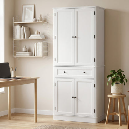 73.4" Tall Kitchen Pantry Cabinet, 4-Door Buffet with Drawer & Adjustable Shelves, White - 31.5 x 15.6 x 73.4 in (80 x 39.5 x 186.4 cm)