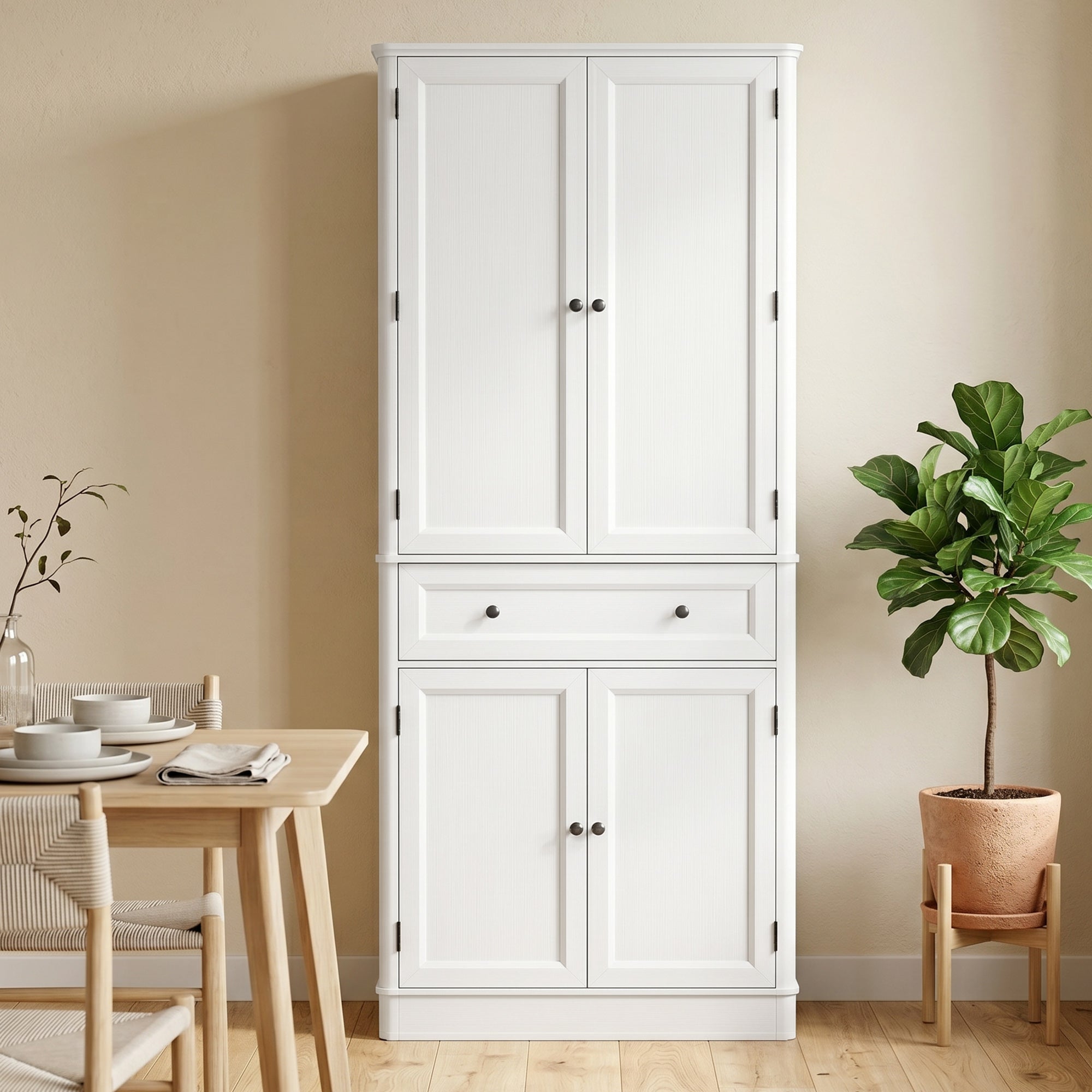 73.4" Tall Kitchen Pantry Cabinet, 4-Door Buffet with Drawer & Adjustable Shelves, White - 31.5 x 15.6 x 73.4 in (80 x 39.5 x 186.4 cm)