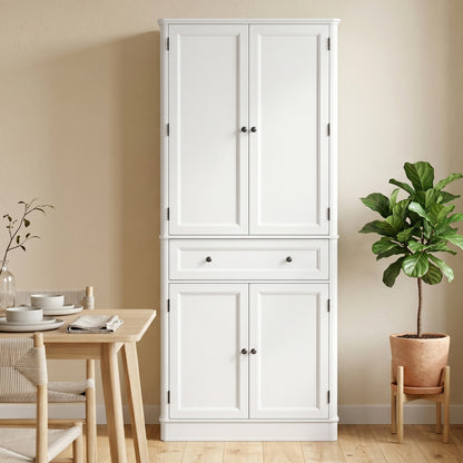 73.4" Tall Kitchen Pantry Cabinet, 4-Door Buffet with Drawer & Adjustable Shelves, White - 31.5 x 15.6 x 73.4 in (80 x 39.5 x 186.4 cm)
