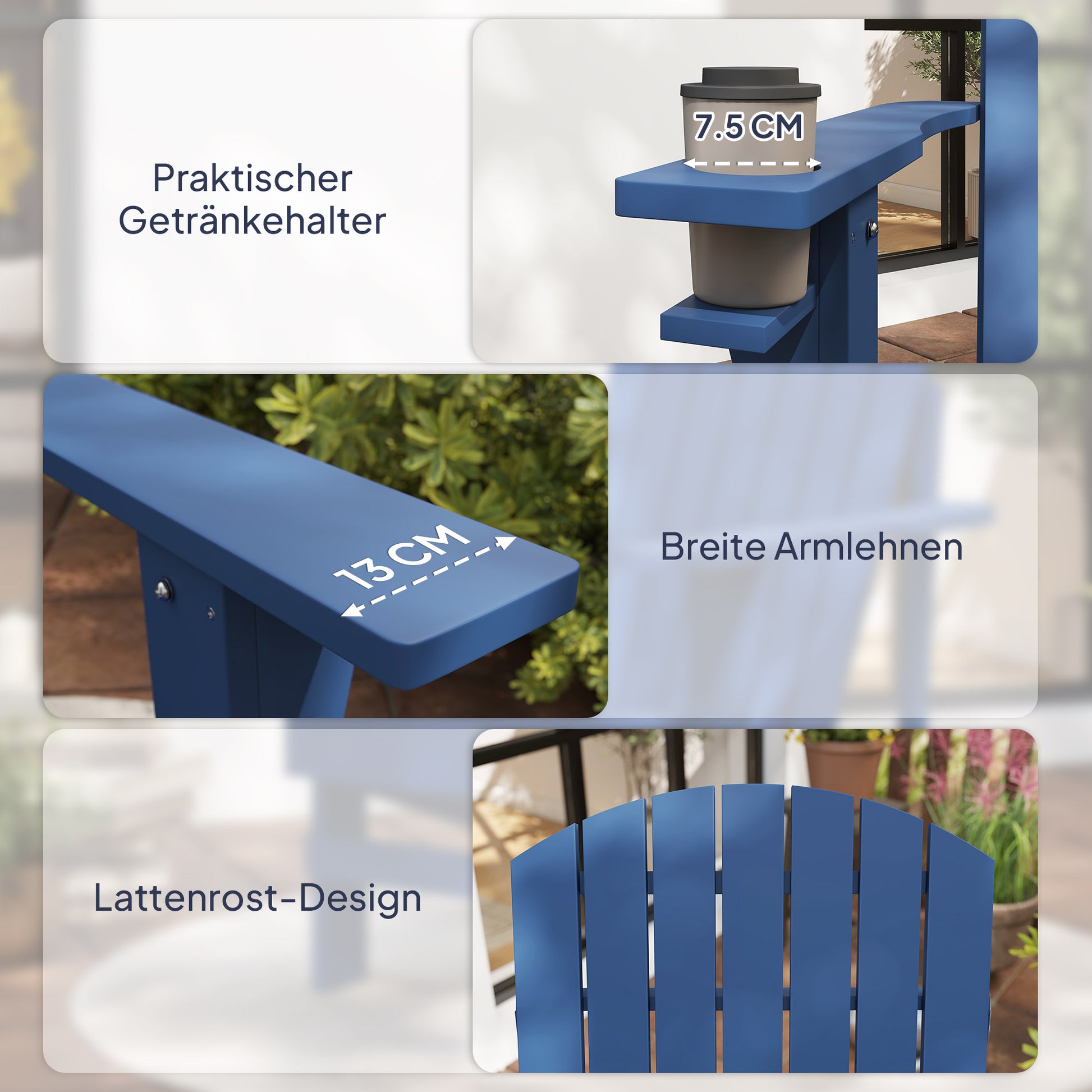 Adirondack Garden Chair with Cup Holder Patio Lounge Chair Solid Wood Blue 72 x 94 x 93 cm