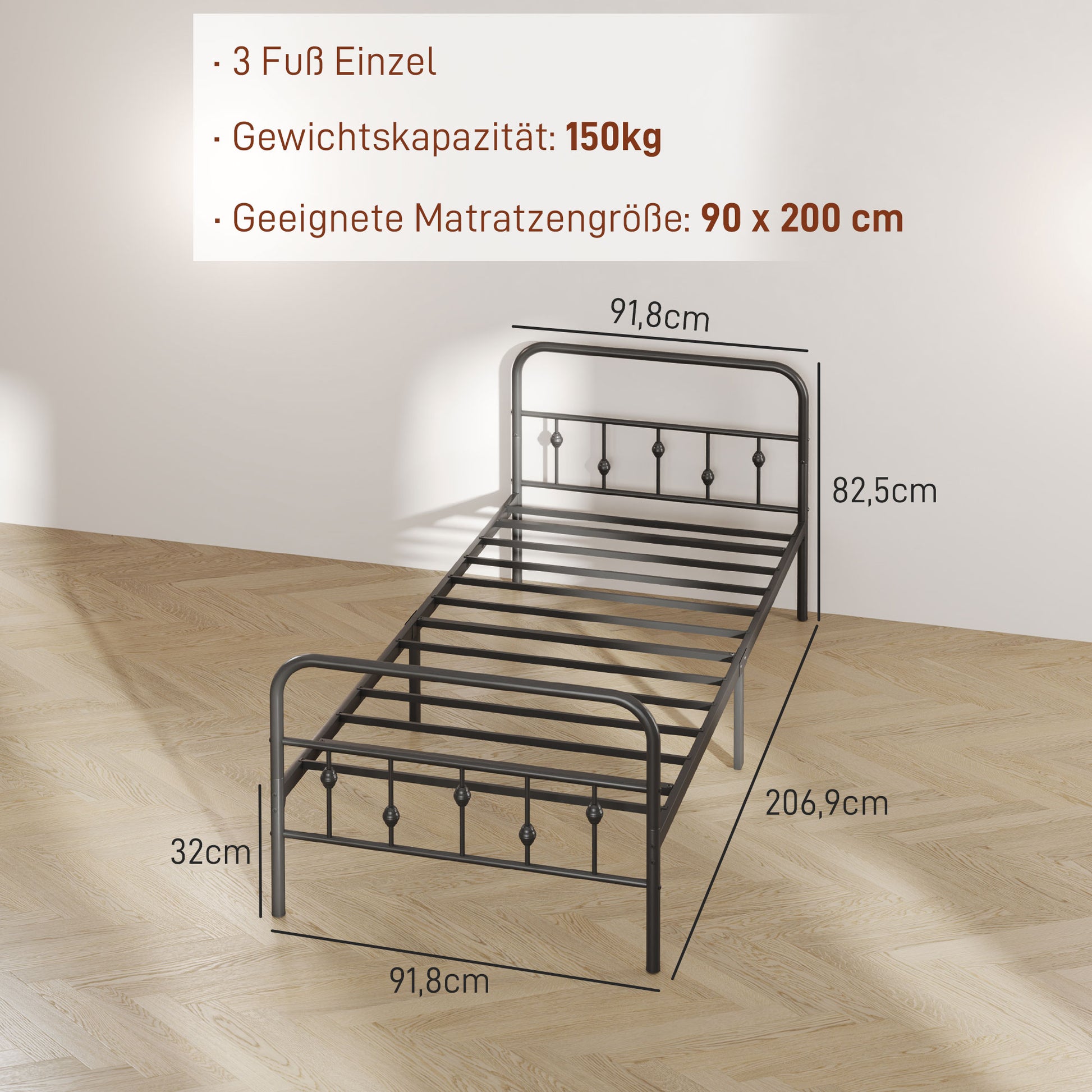 Bed Frame 206.9x91.8 cm Foldable Metal Bed Guest Bed with Slats for Bedroom Guest Room Black