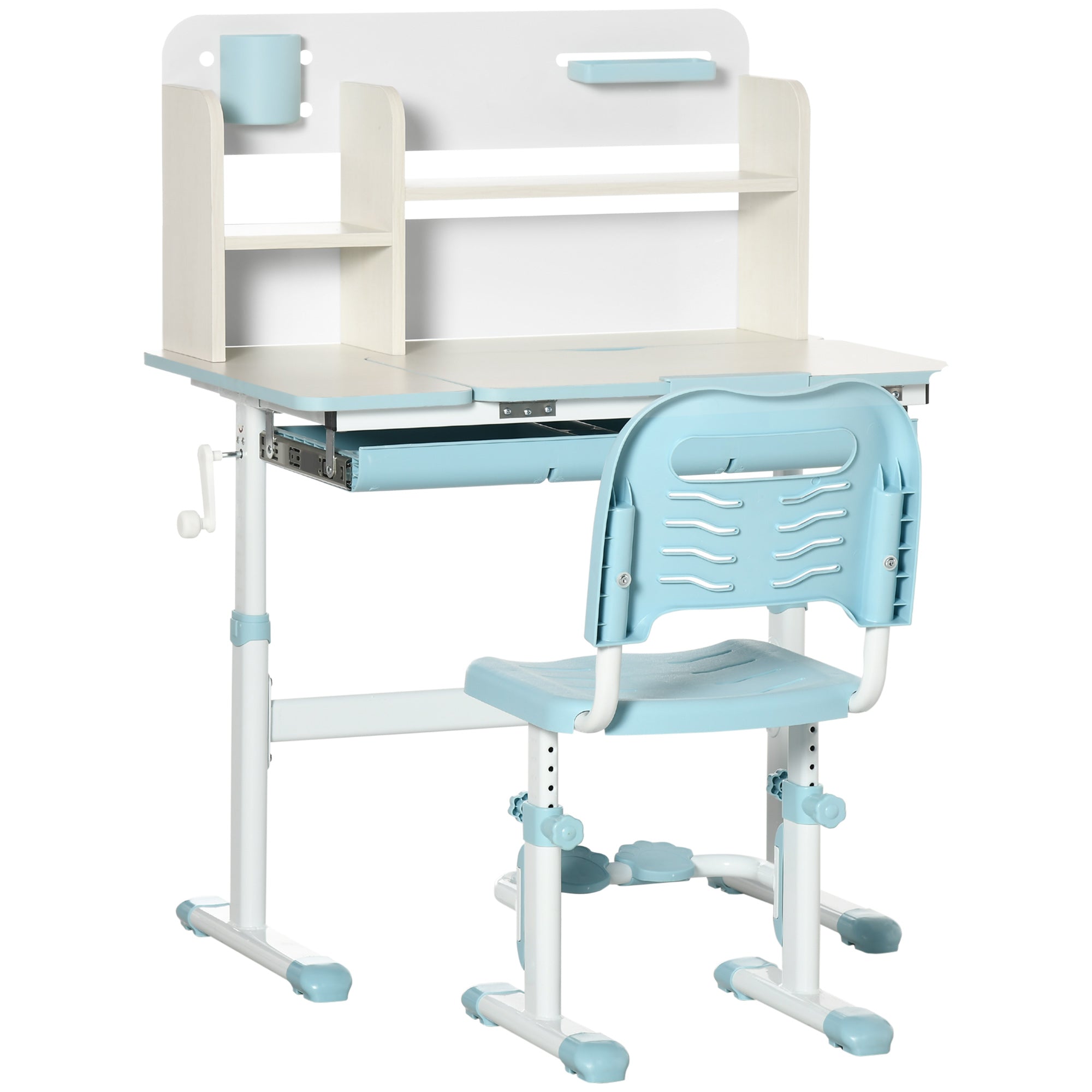 Kids Desk and Chair Set for +3 Years Old with Adjustable Height Children Desk with Tiltable Tabletop Drawer and Bookshelf 80x52x88-109 cm and 35.5x44.5x66-80 cm Blue