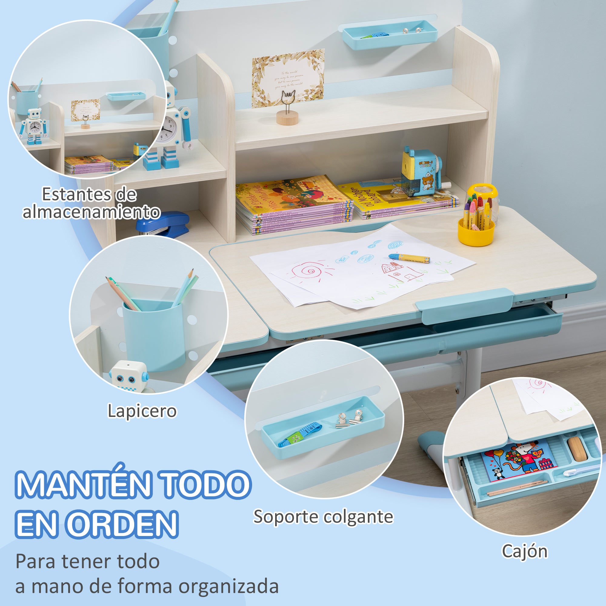 Kids Desk and Chair Set for +3 Years Old with Adjustable Height Children Desk with Tiltable Tabletop Drawer and Bookshelf 80x52x88-109 cm and 35.5x44.5x66-80 cm Blue