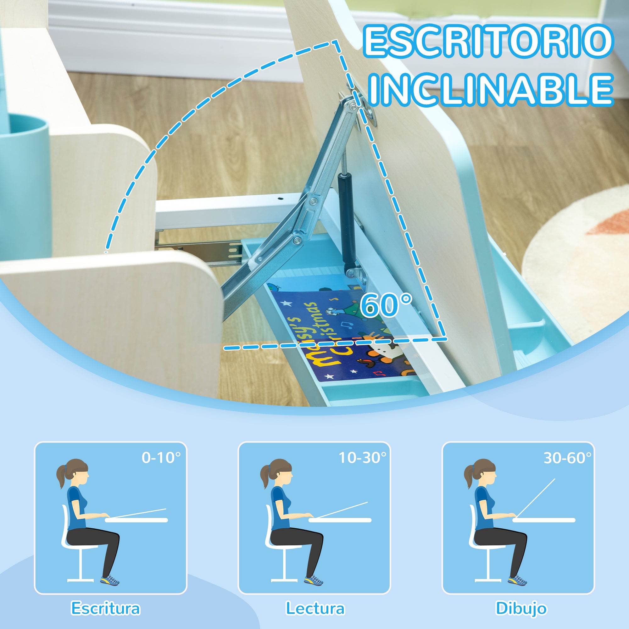 Kids Desk and Chair Set for +3 Years Old with Adjustable Height Children Desk with Tiltable Tabletop Drawer and Bookshelf 80x52x88-109 cm and 35.5x44.5x66-80 cm Blue