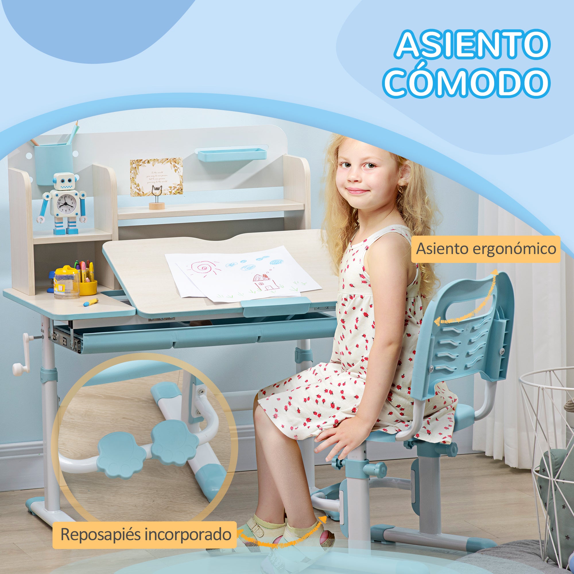 Kids Desk and Chair Set for +3 Years Old with Adjustable Height Children Desk with Tiltable Tabletop Drawer and Bookshelf 80x52x88-109 cm and 35.5x44.5x66-80 cm Blue