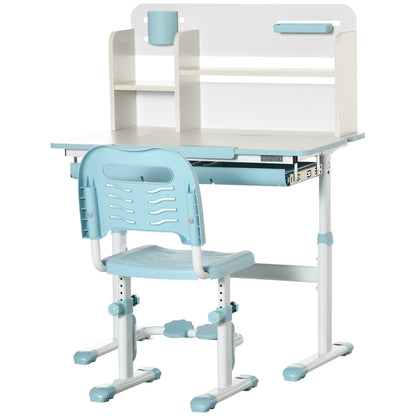 Kids Desk and Chair Set for +3 Years Old with Adjustable Height Children Desk with Tiltable Tabletop Drawer and Bookshelf 80x52x88-109 cm and 35.5x44.5x66-80 cm Blue