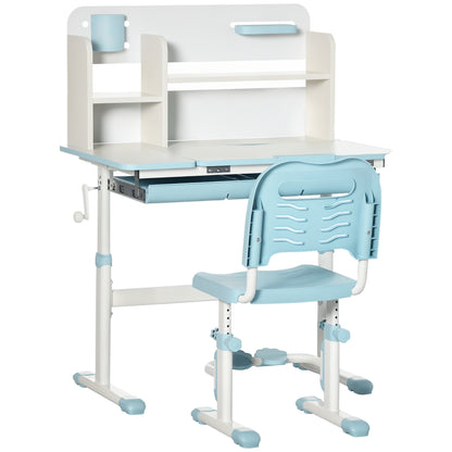 Kids Desk and Chair Set for +3 Years Old with Adjustable Height Children Desk with Tiltable Tabletop Drawer and Bookshelf 80x52x88-109 cm and 35.5x44.5x66-80 cm Blue