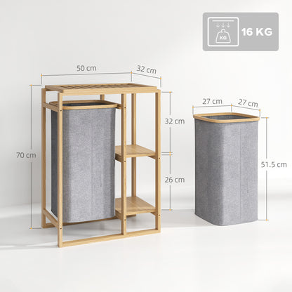 Laundry Hamper with Removable Bag, Bathroom Laundry Hamper with Slatted Shelves in Bamboo, 50x32x70 cm, Gray