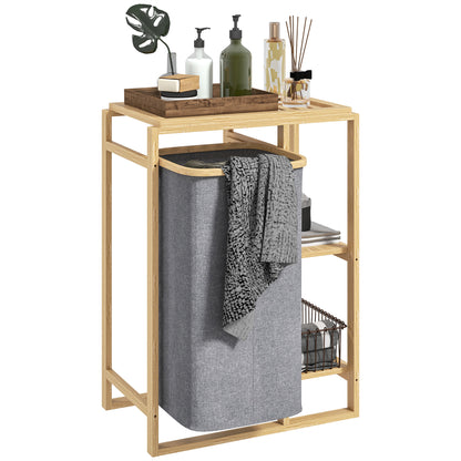 Laundry Hamper with Removable Bag, Bathroom Laundry Hamper with Slatted Shelves in Bamboo, 50x32x70 cm, Gray