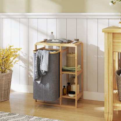 Laundry Hamper with Removable Bag, Bathroom Laundry Hamper with Slatted Shelves in Bamboo, 50x32x70 cm, Gray