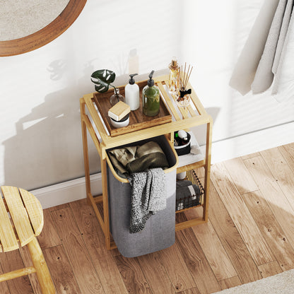 Laundry Hamper with Removable Bag, Bathroom Laundry Hamper with Slatted Shelves in Bamboo, 50x32x70 cm, Gray