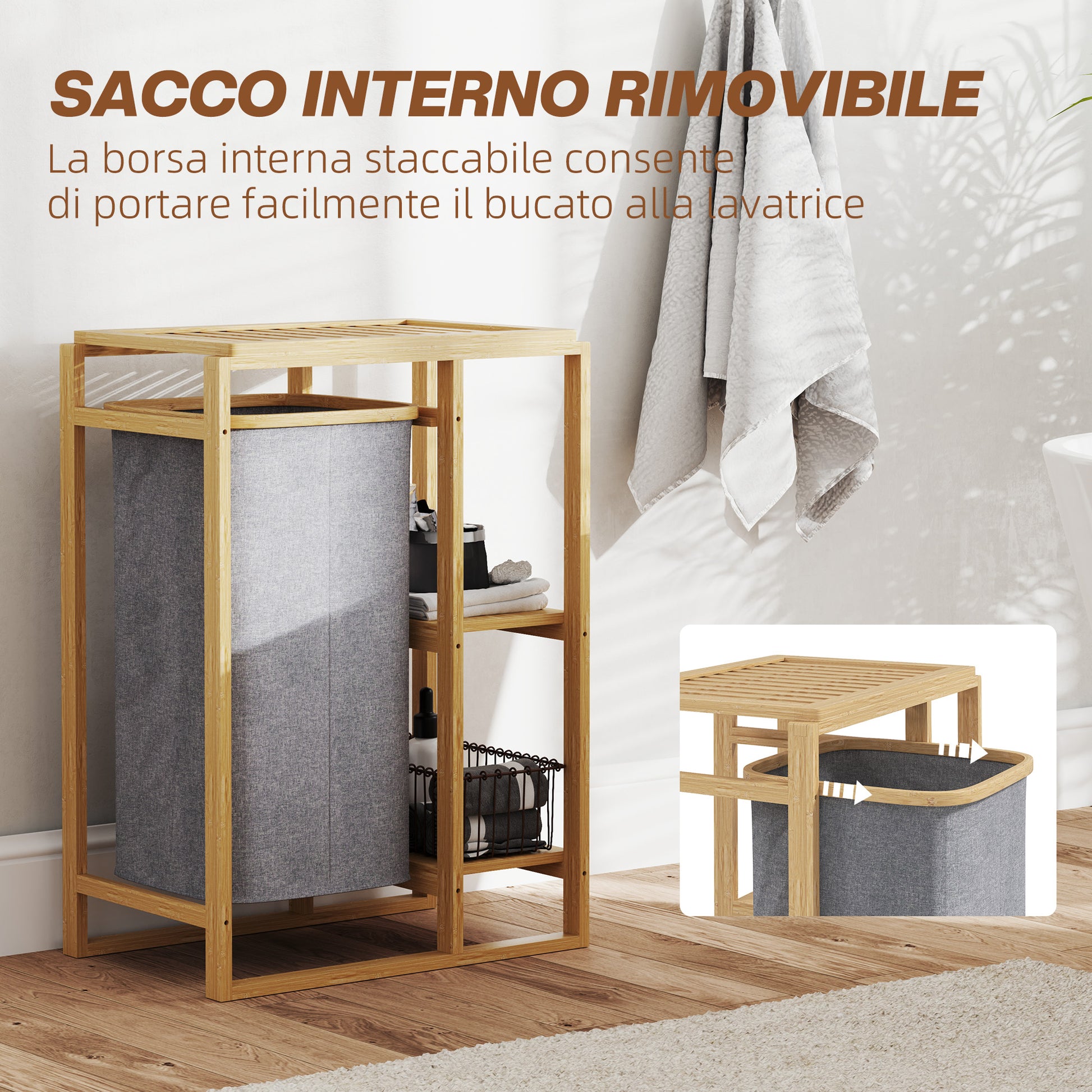 Laundry Hamper with Removable Bag, Bathroom Laundry Hamper with Slatted Shelves in Bamboo, 50x32x70 cm, Gray