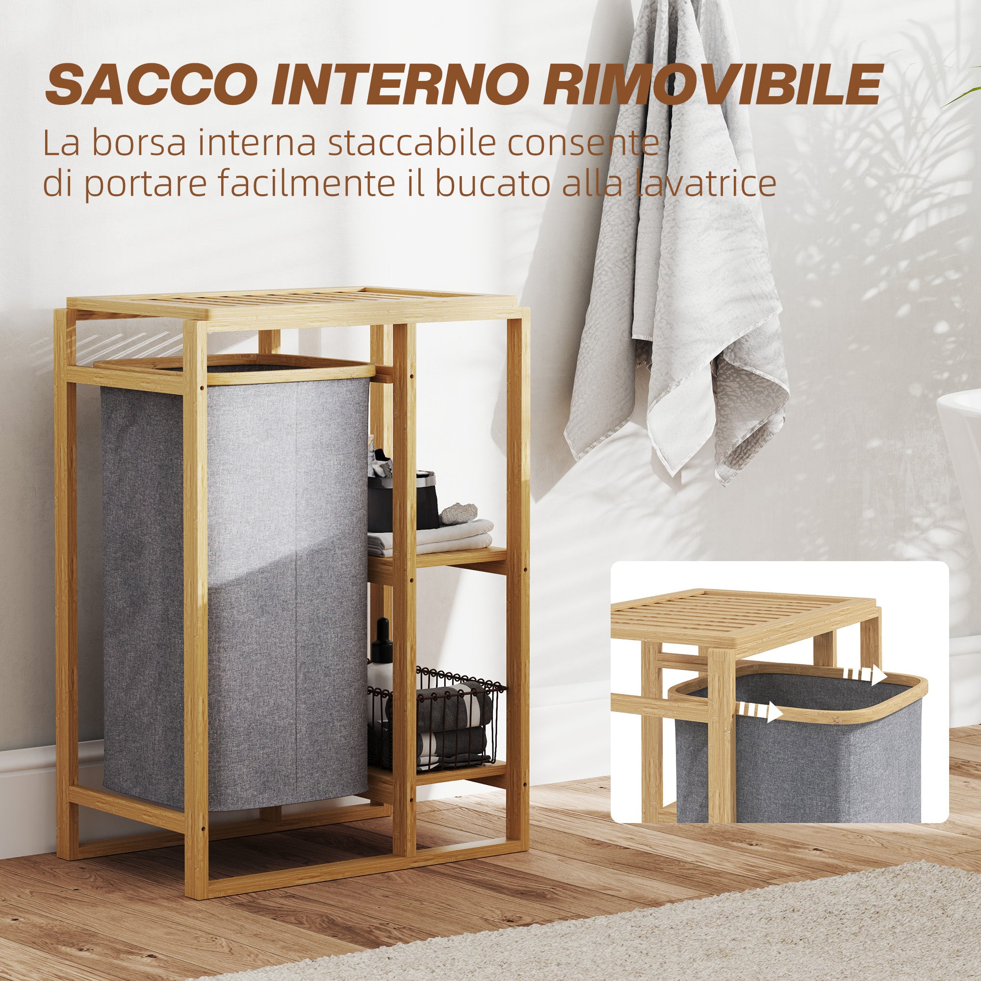 Laundry Hamper with Removable Bag, Bathroom Laundry Hamper with Slatted Shelves in Bamboo, 50x32x70 cm, Gray