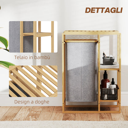 Laundry Hamper with Removable Bag, Bathroom Laundry Hamper with Slatted Shelves in Bamboo, 50x32x70 cm, Gray