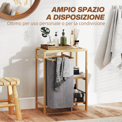 Laundry Hamper with Removable Bag, Bathroom Laundry Hamper with Slatted Shelves in Bamboo, 50x32x70 cm, Gray