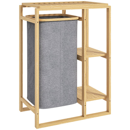 Laundry Hamper with Removable Bag, Bathroom Laundry Hamper with Slatted Shelves in Bamboo, 50x32x70 cm, Gray
