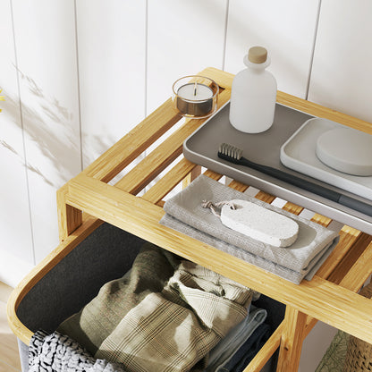 Laundry Hamper with Removable Bag, Bathroom Laundry Hamper with Slatted Shelves in Bamboo, 50x32x70 cm, Gray